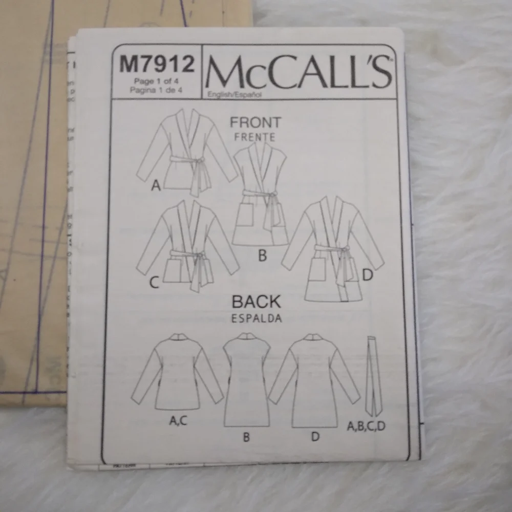 MCCALL'S M7912 Sz XS-S-M Misses Jacket, Vest, Belt Sleeve/Length Variations